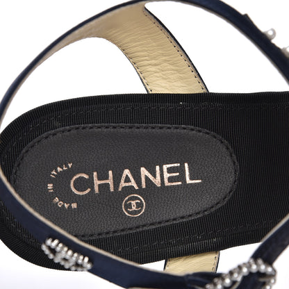 Chanel Satin Pearl Sandals 36.5 Black Navy 8 of 9