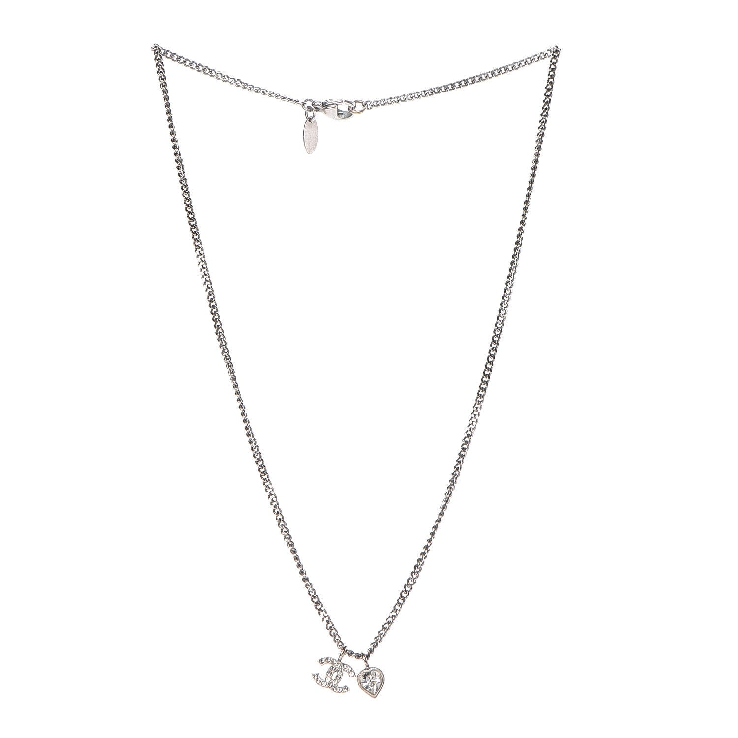 Chanel Crystal Mini Heart CC Necklace Silver 3 of 8