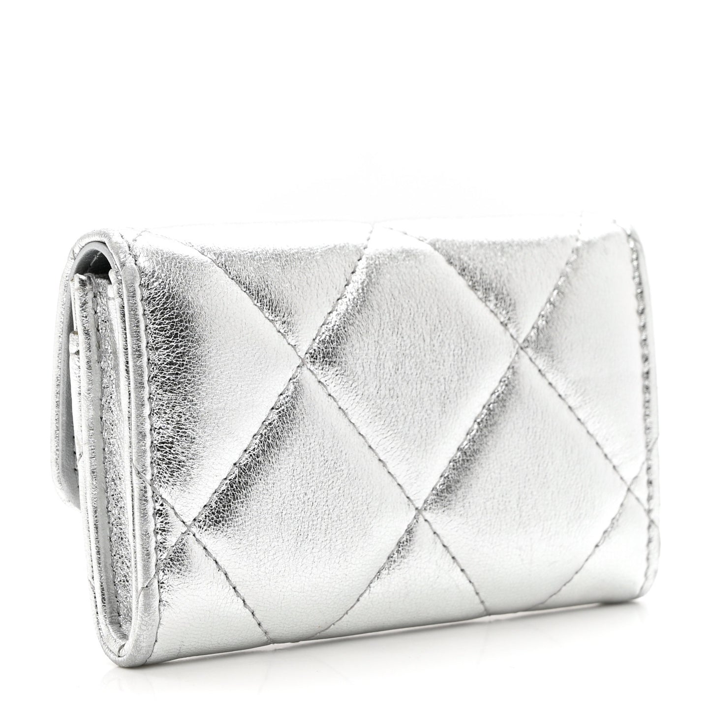 Metallic Goatskin Quilted Chanel 19 Flap Card Holder Silver