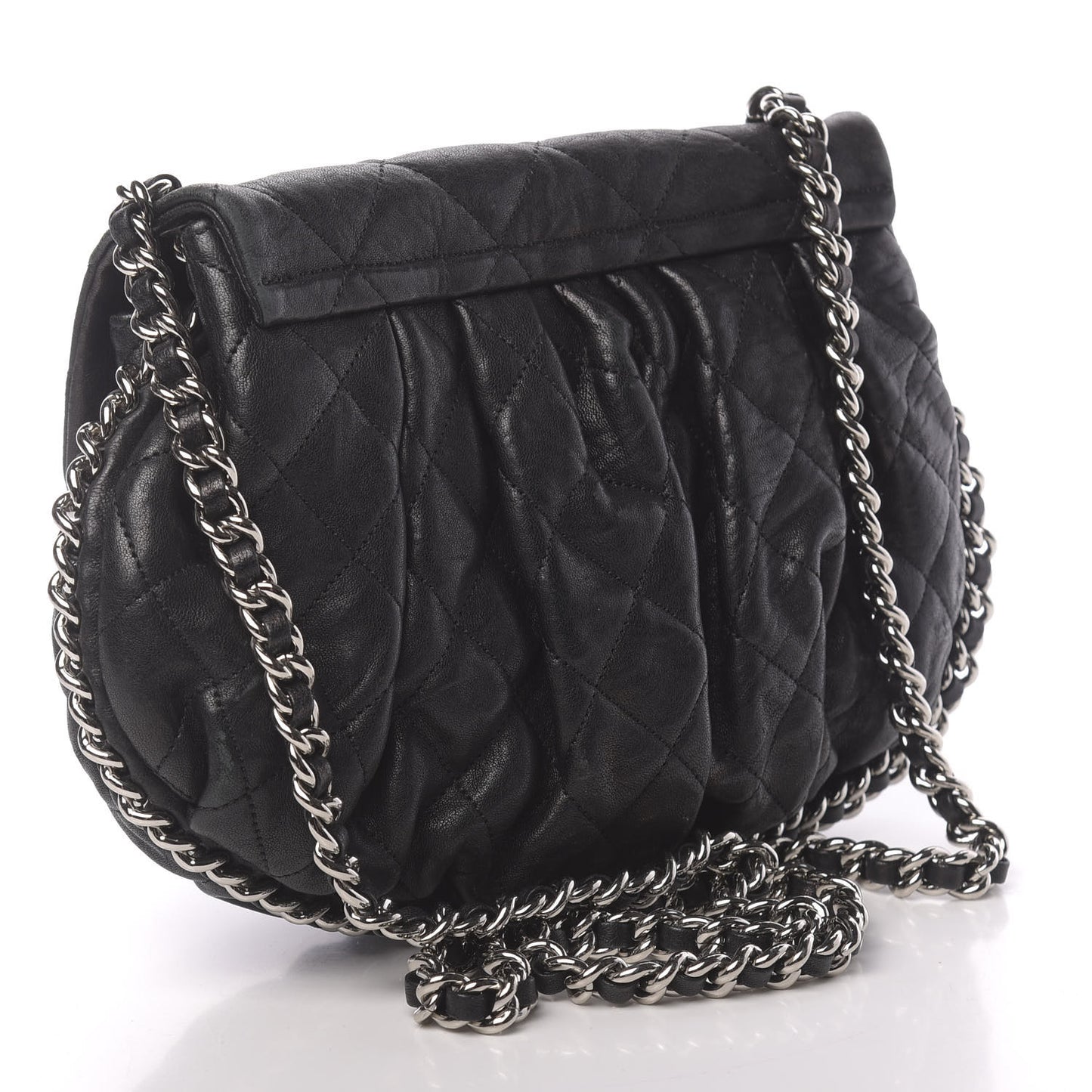 Washed Lambskin Quilted Medium Chain Around Messenger Black