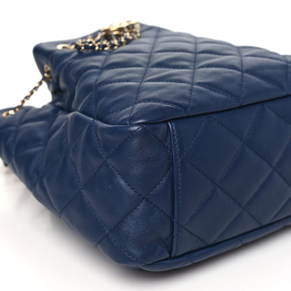 Chanel Lambskin Quilted Chain Drawstring Bag Navy Blue 9 of 10