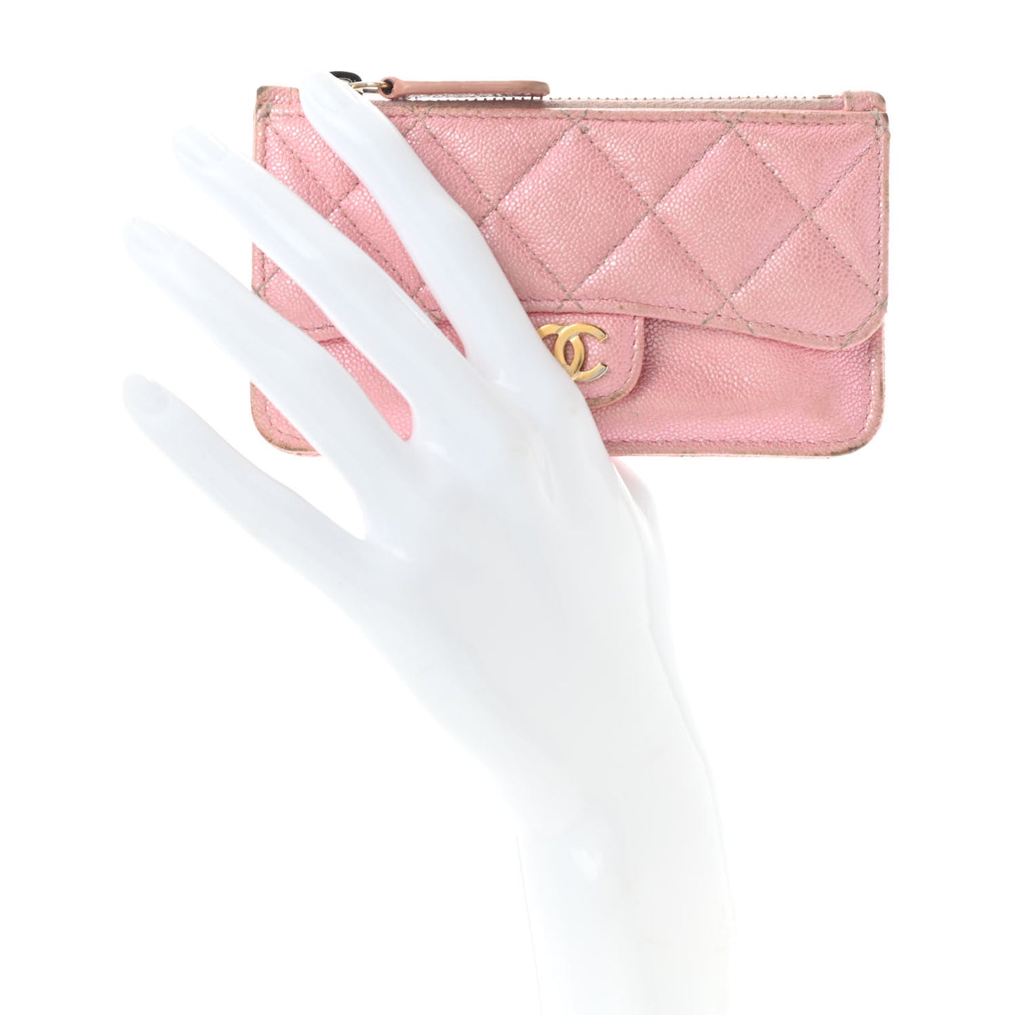 Iridescent Caviar Quilted Flap Zip Card Holder Pink