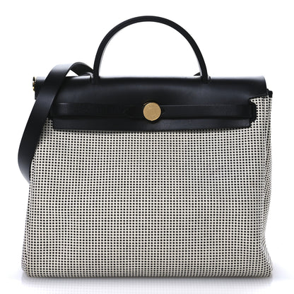 Hermes Vache Hunter Toile Quadrille Viking Herbag Zip Retourne 31 PM Ecru Black 19 of 24