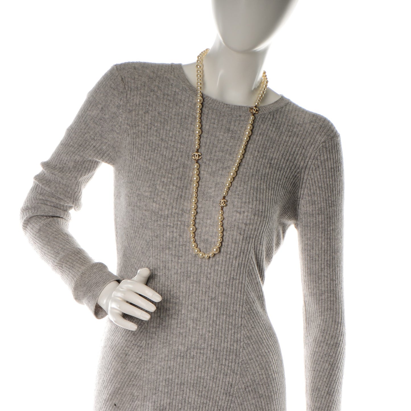 Graduated Pearl Crystal CC Long Necklace Gold