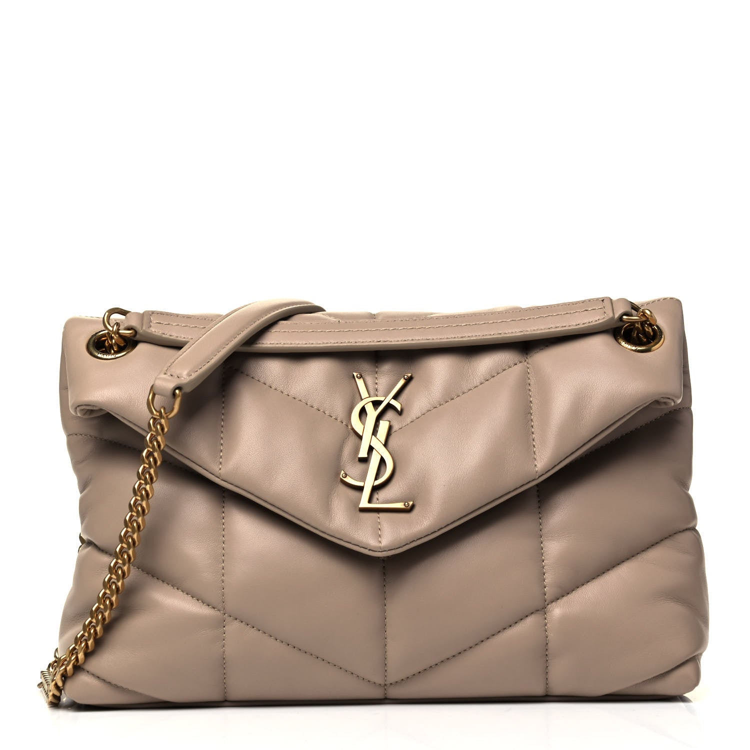 Saint Laurent Lambskin Quilted Small Loulou Puffer Monogram Chain Satchel Dark Beige 1 of 9
