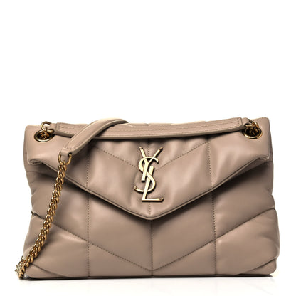Saint Laurent Lambskin Quilted Small Loulou Puffer Monogram Chain Satchel Dark Beige 1 of 9