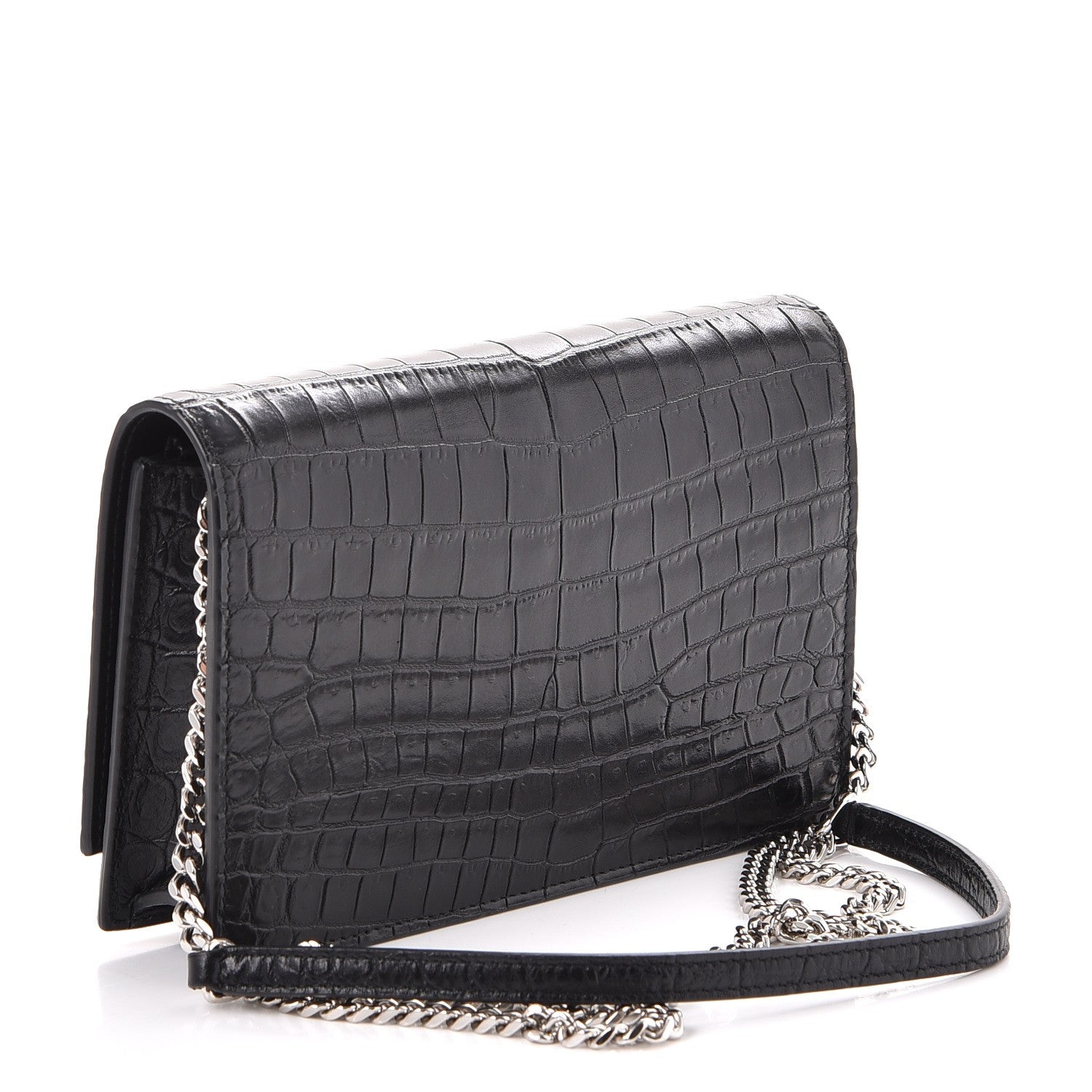 Saint Laurent Calfskin Crocodile Embossed Kate Monogram Tassel Chain Wallet Black 3 of 7