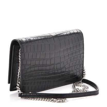Saint Laurent Calfskin Crocodile Embossed Kate Monogram Tassel Chain Wallet Black 3 of 7