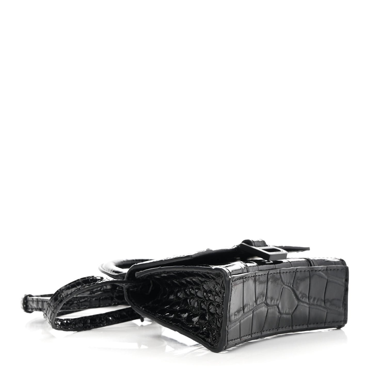 Shiny Calfskin Monochrome Crocodile Embossed Hourglass Top Handle Bag Mini Black