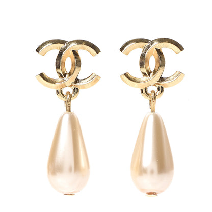 Chanel Metal CC Pearl Drop Earrings Gold 1 of 5