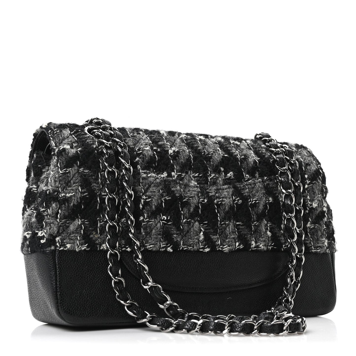 Caviar Tweed Houndstooth Quilted Medium Double Flap Black Grey