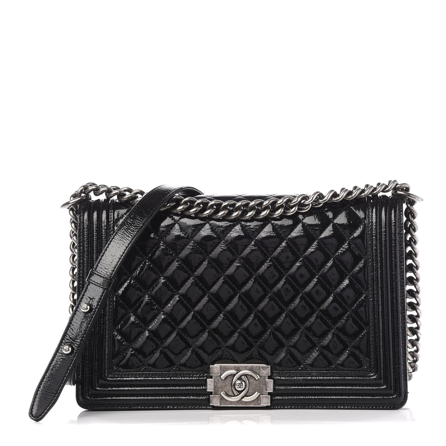 Distressed Patent Quilted New Medium Boy Flap Black