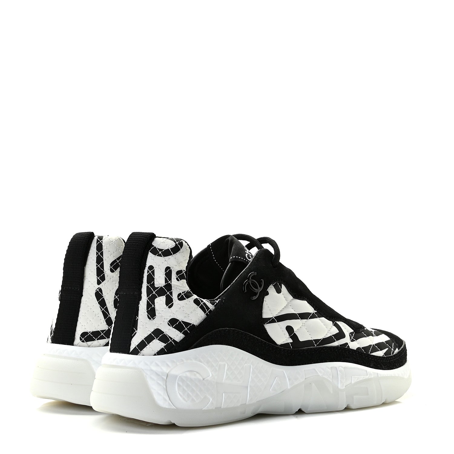Chanel Nylon Suede Calfskin Printed Sneakers 38.5 White Black 4 of 11