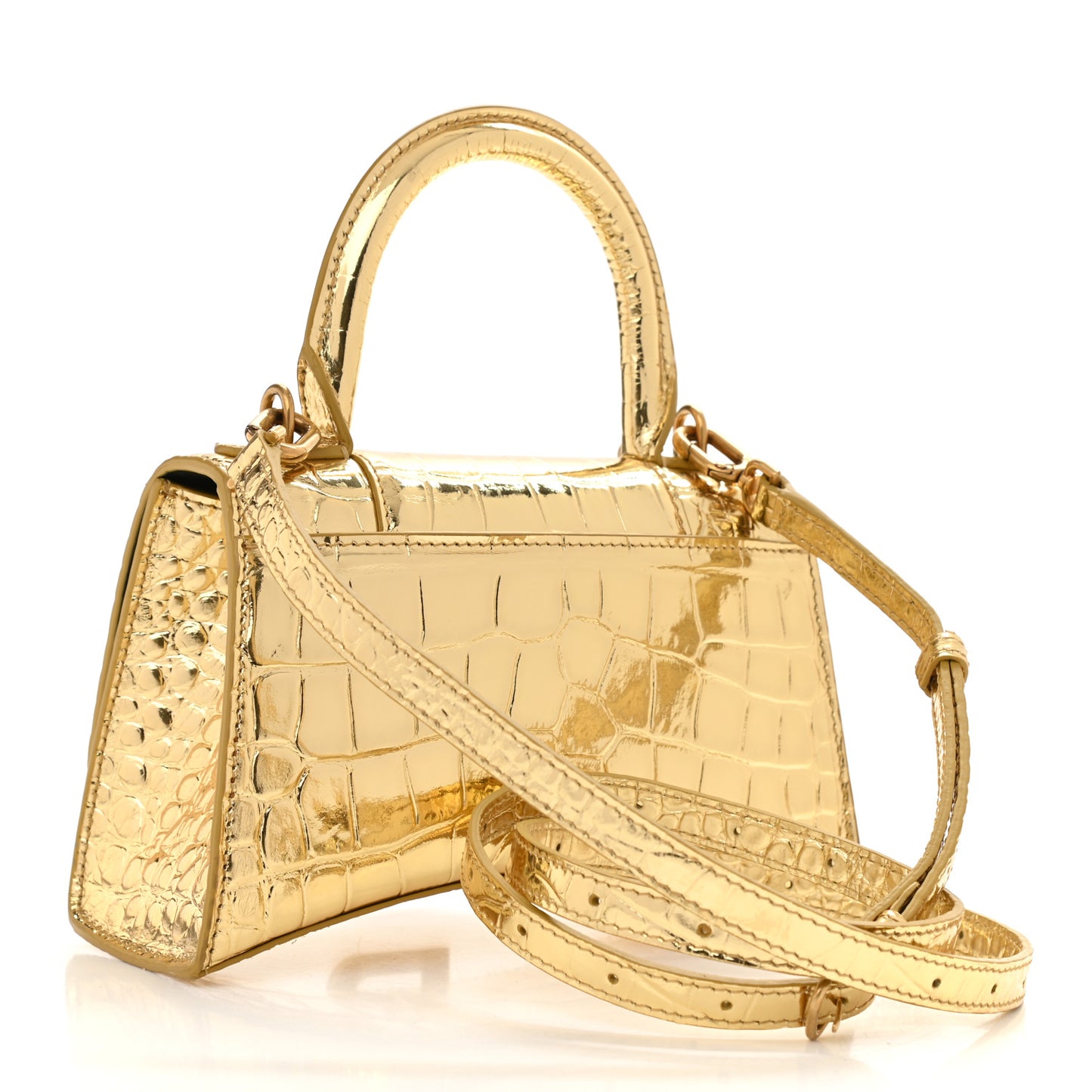 Metallic Calfskin Crocodile Embossed Hourglass Top Handle Bag XS Gold