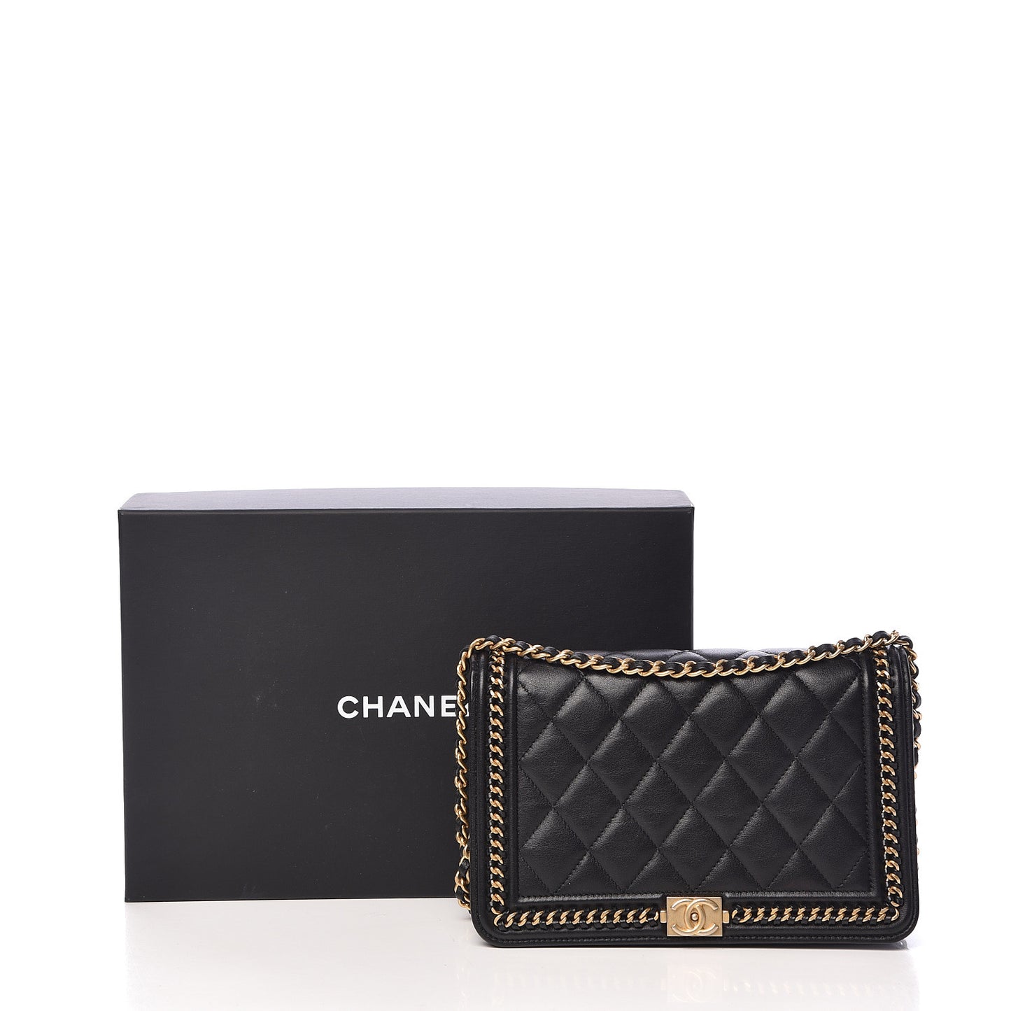 Calfskin Quilted Chain Around Boy Wallet On Chain WOC Black