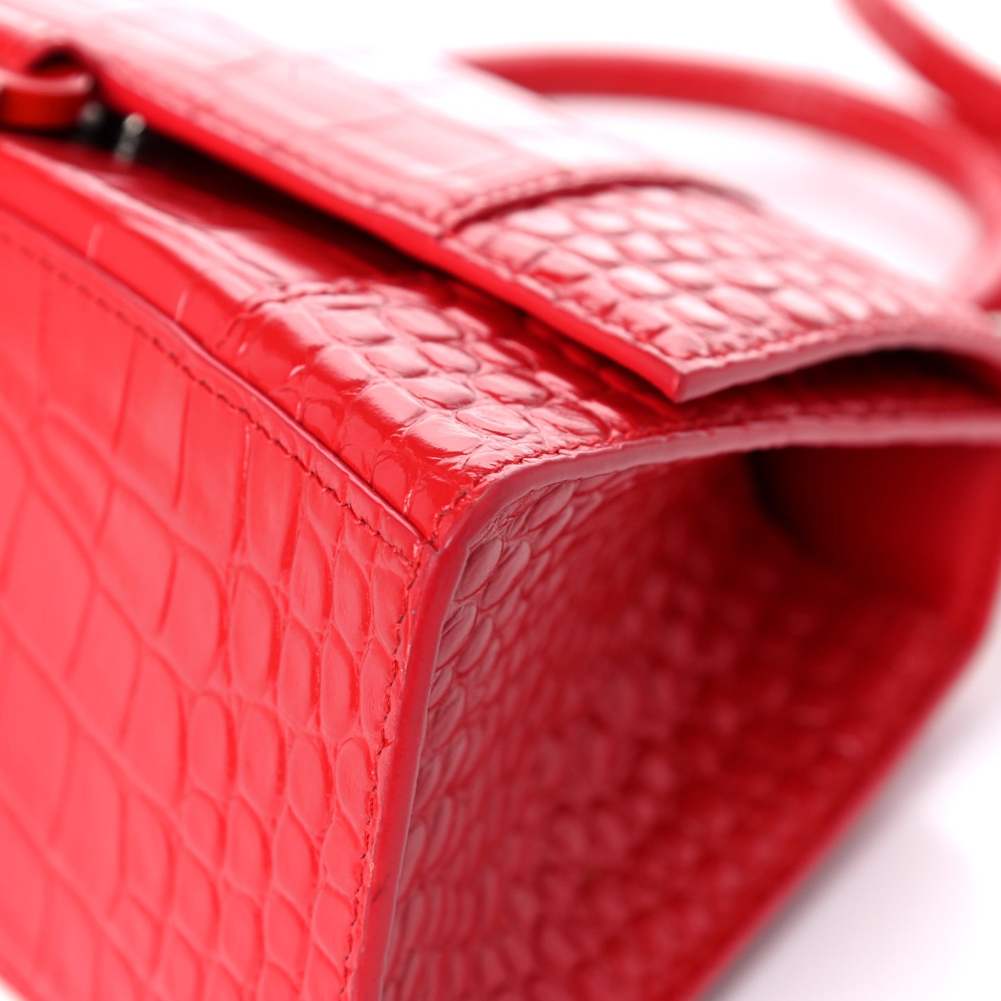 Shiny Calfskin Tonal B Crocodile Embossed Small Hourglass Top Handle Bag Bright Red