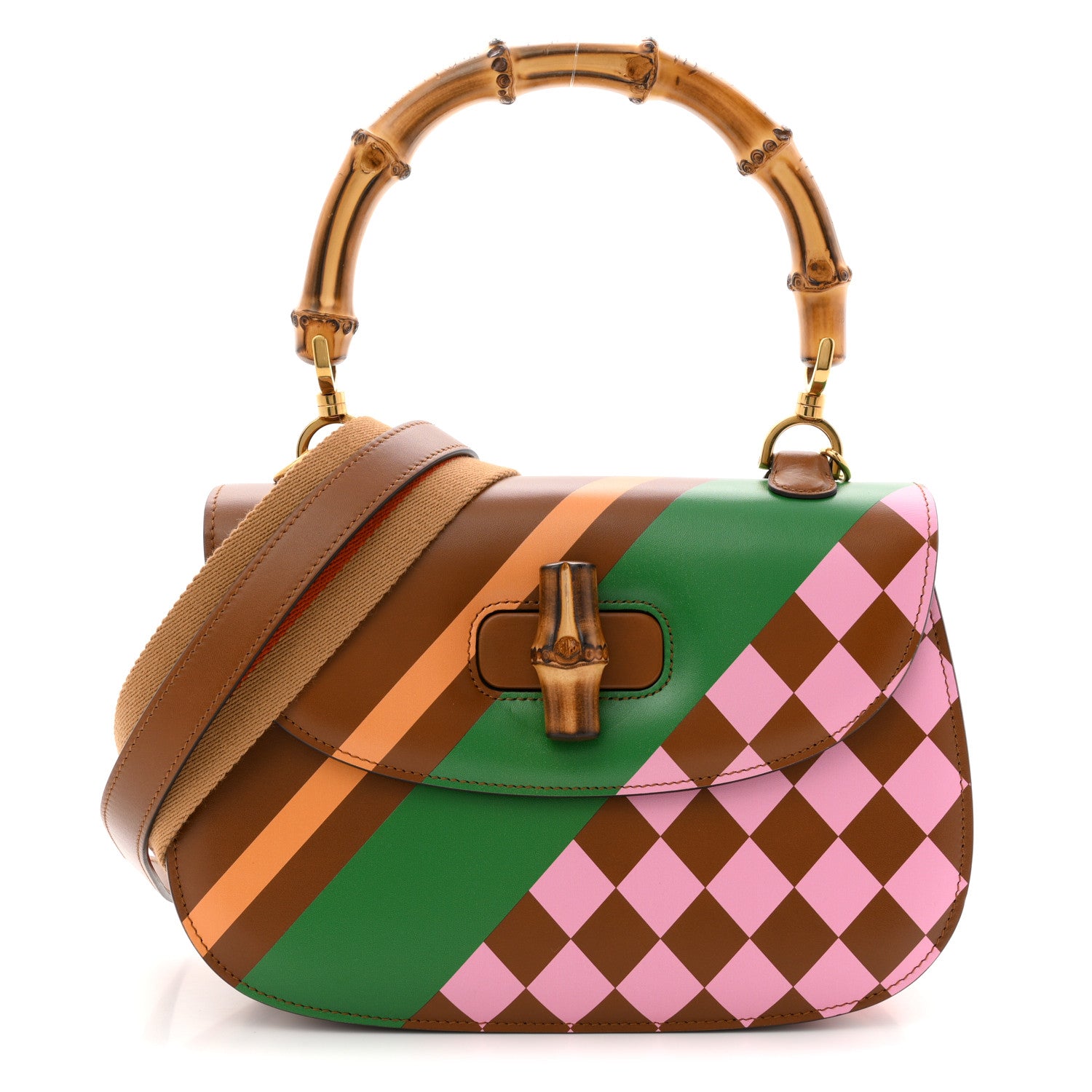 Gucci Calfskin Geometric Print Medium Bamboo 1947 Top Handle Bag Brown 1 of 11
