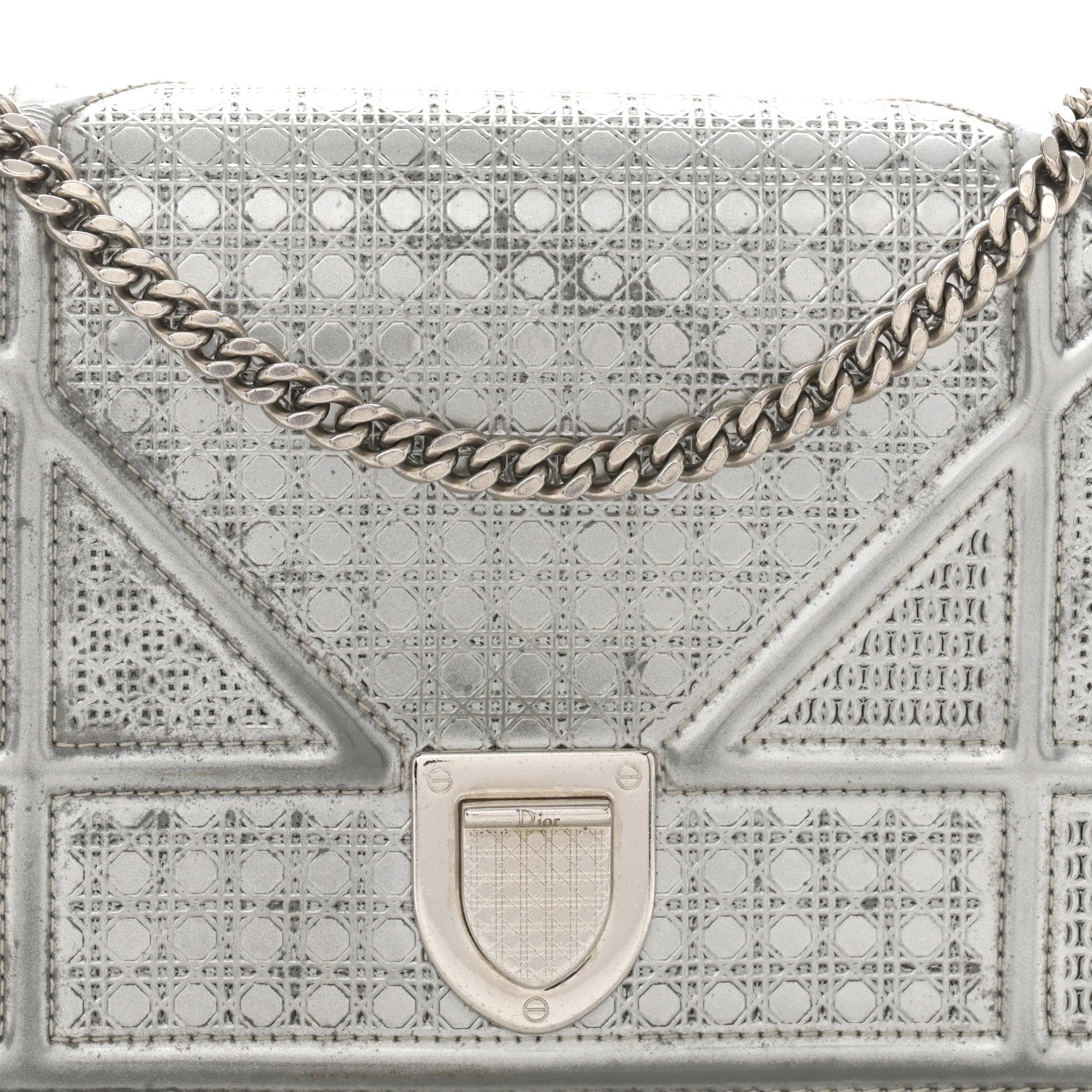 Christian Dior Metallic Patent Micro-Cannage Diorama Wallet on Chain Pouch Silver 7 of 11