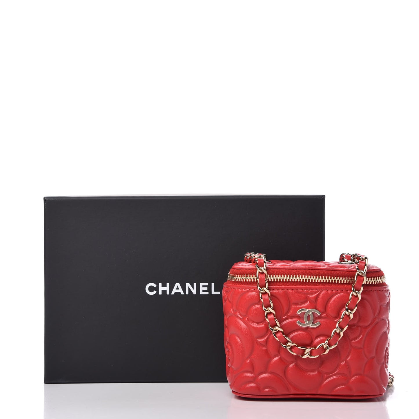 Lambskin Camellia Embossed Mini Vanity Case With Chain Red