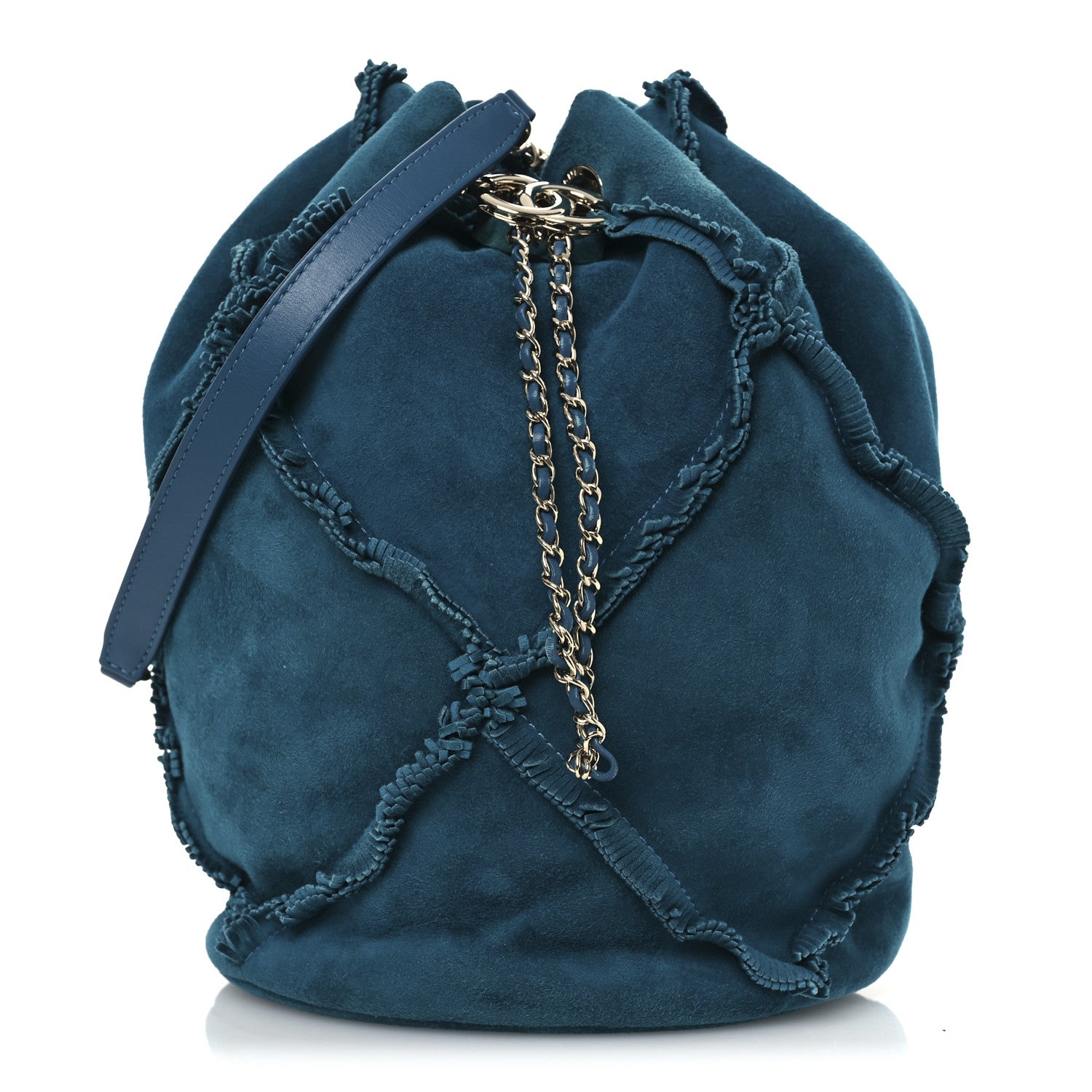 Chanel Suede Quilted Fringe CC Chain Bucket Drawstring Bag Blue 1 of 11