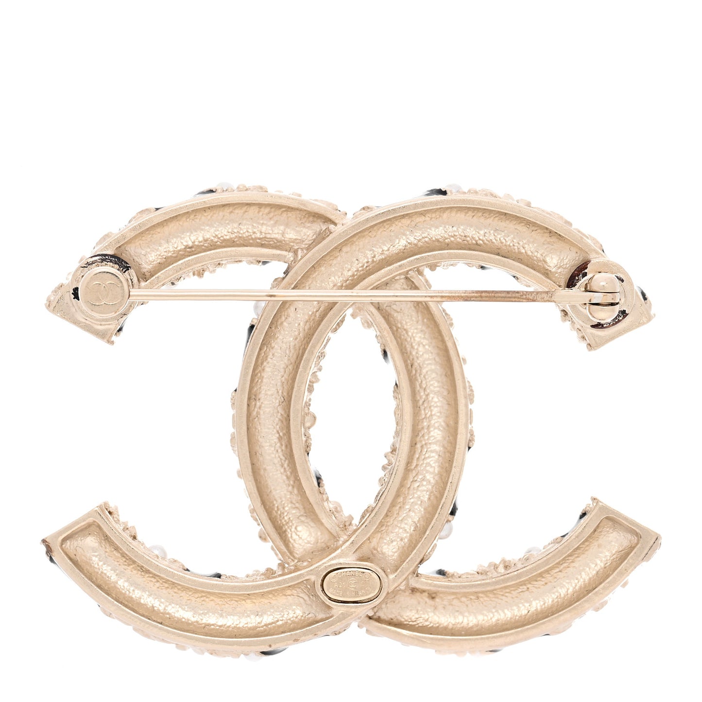 Pearl Crystal Enamel CC Brooch Black Gold