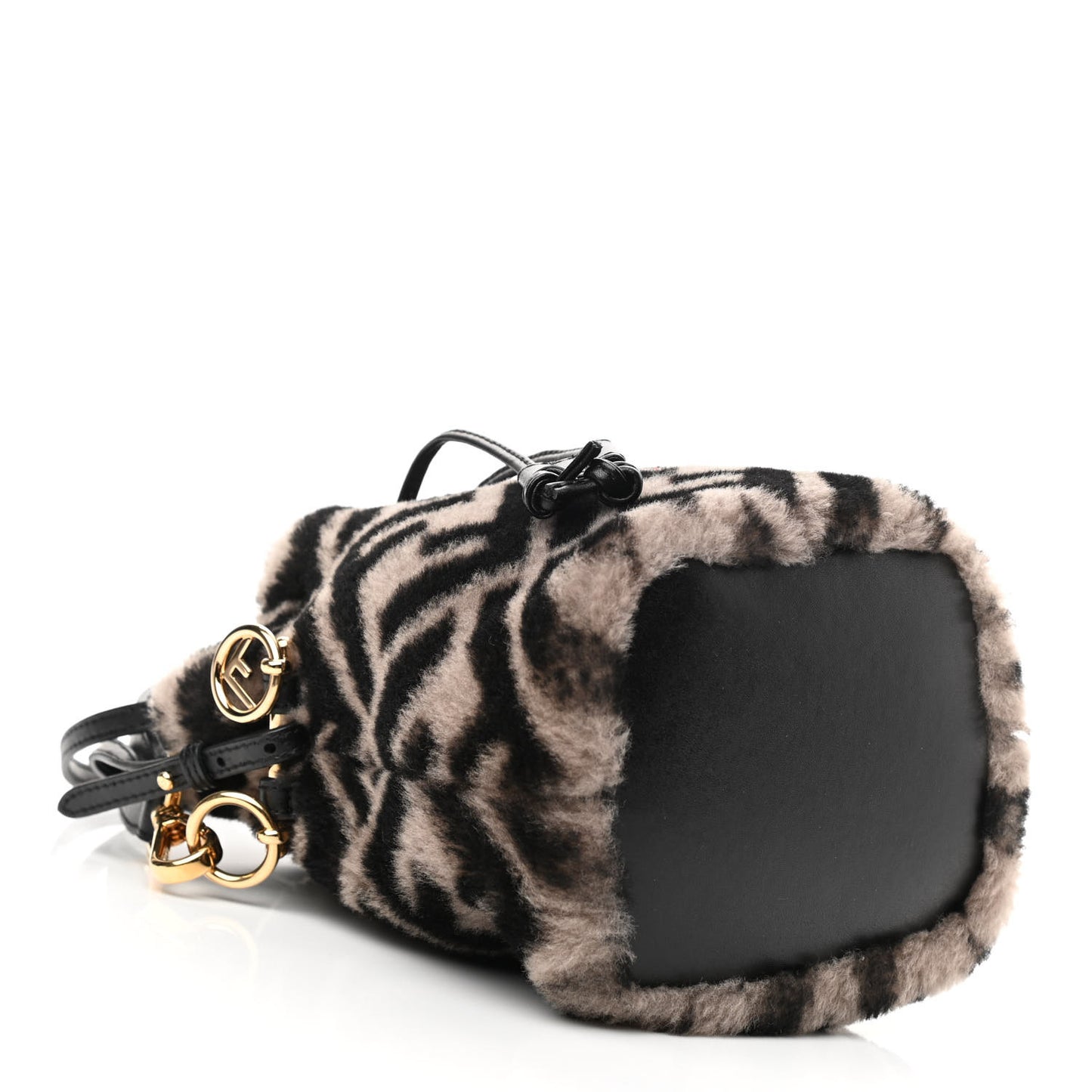 Shearling F is Fendi Macro FF 1974 Diagonal Mini Mon Tresor Bucket Bag Dove Black