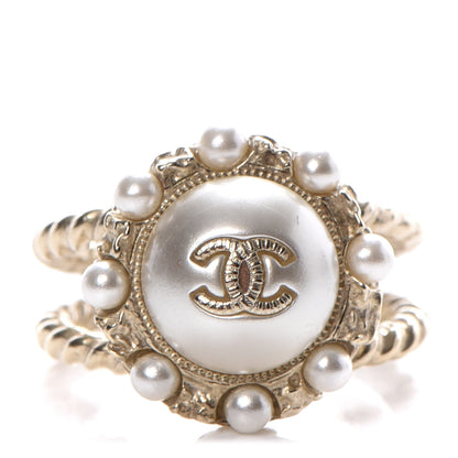 Chanel Pearl Crystal CC Ring 52 6 Gold Pearly White 1 of 4