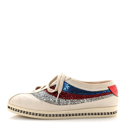 Gucci Calfskin Glitter Crystal Womens Sylvie Web Falacer Sneakers 38 White 1 of 14