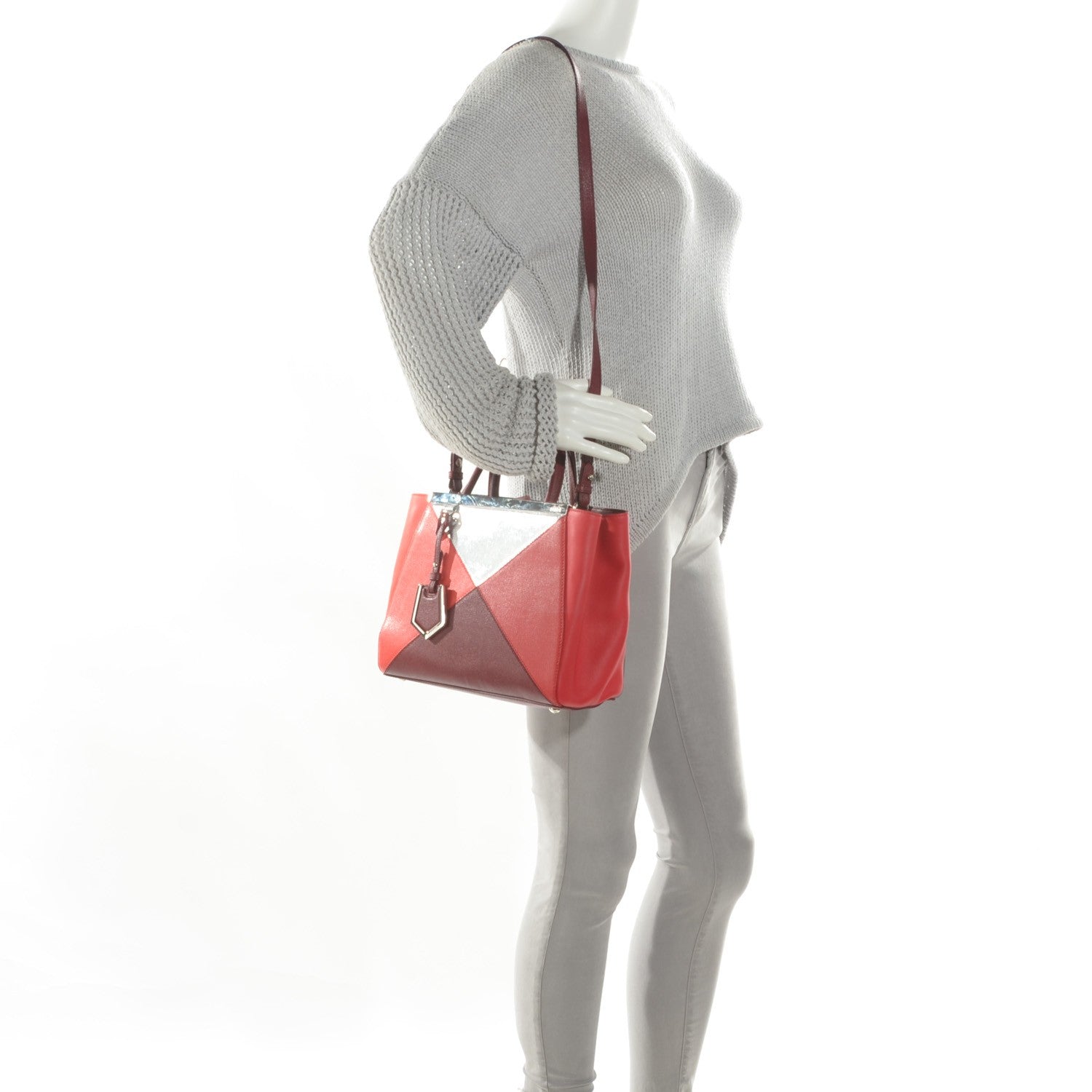 Fendi Vitello Elite Calfskin Colorblock Petite 2Jours Tote Argento Rosso 2 of 8