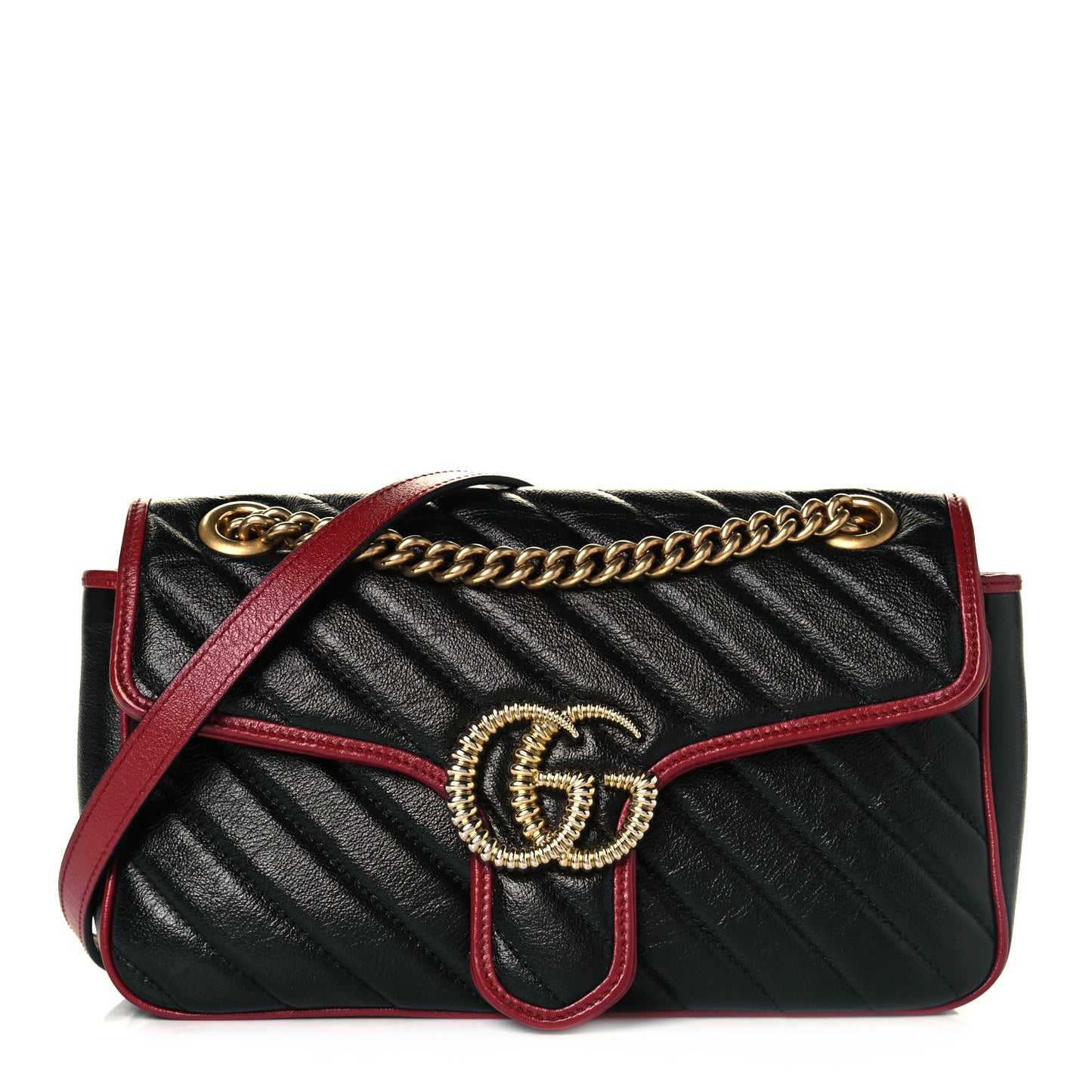 Vintage Effect Calfskin Matelasse Diagonal Small Torchon GG Marmont Shoulder Bag Black Romantic Cherry