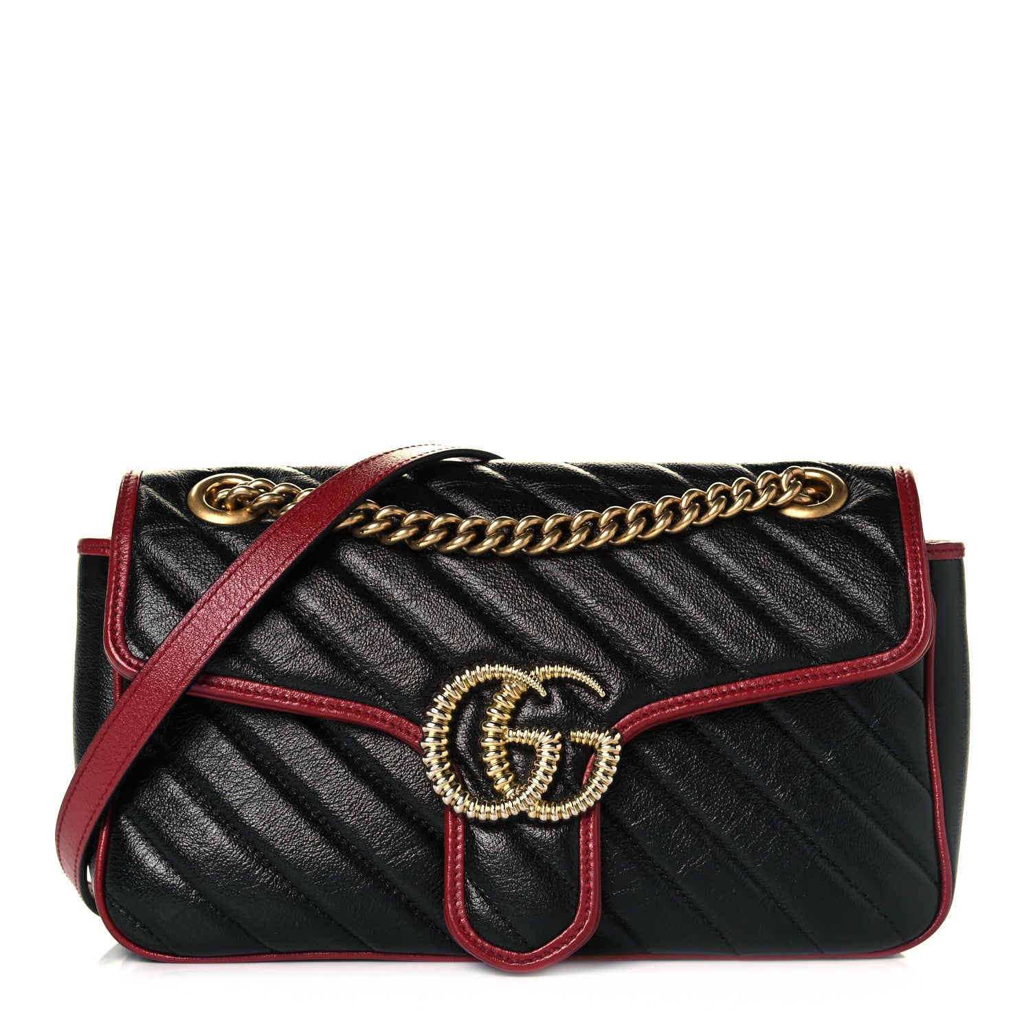Gucci Vintage Effect Calfskin Matelasse Diagonal Small Torchon GG Marmont Shoulder Bag Black Romantic Cherry 1 of 8