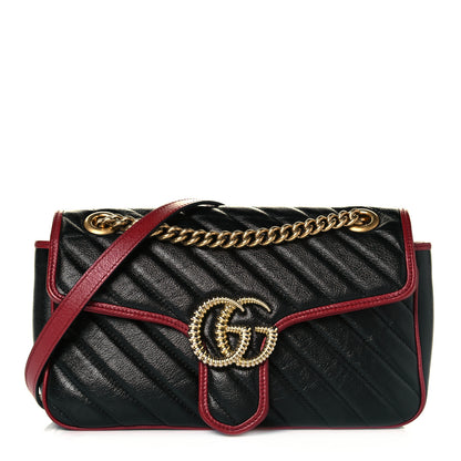 Gucci Vintage Effect Calfskin Matelasse Diagonal Small Torchon GG Marmont Shoulder Bag Black Romantic Cherry 1 of 8