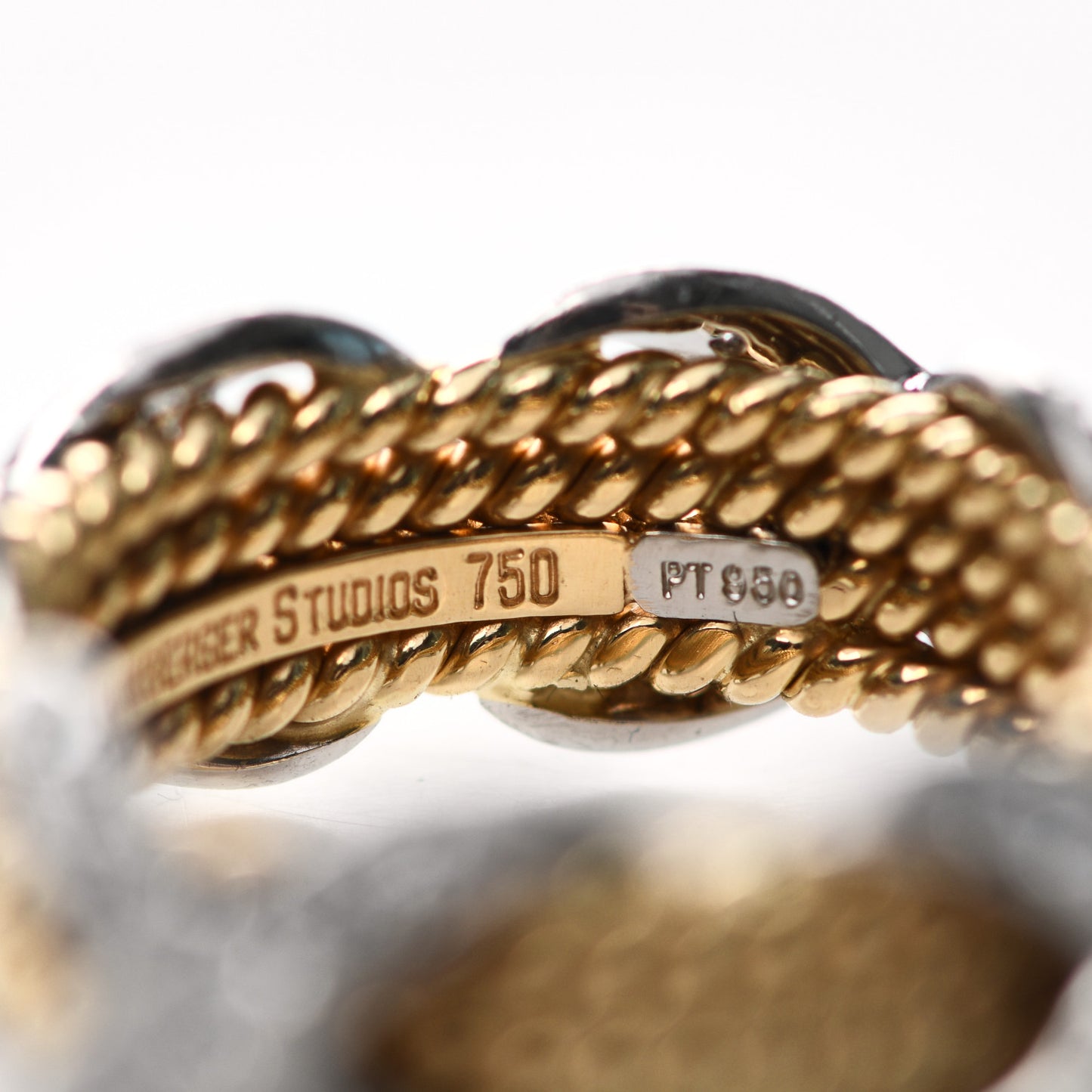 18K Yellow Gold Platinum Diamond Schlumberger Rope Four Row X Ring 53 6.25