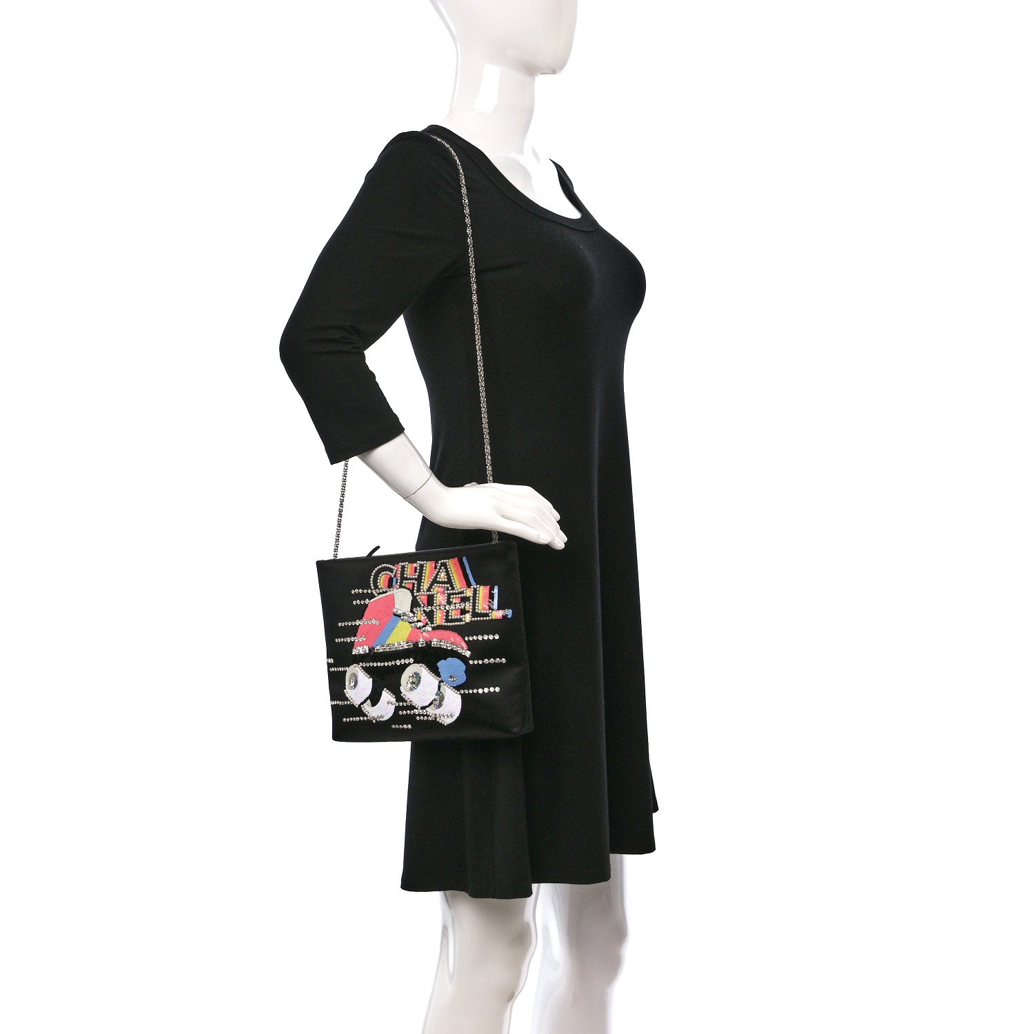 Chanel Satin Sequin Pearl Crystal Roller Skate Quilted Clutch With Chain Black Multicolor 2 of 9