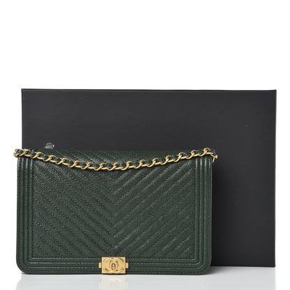 Chanel Caviar Chevron Quilted Boy Wallet On Chain WOC Green 9 of 9