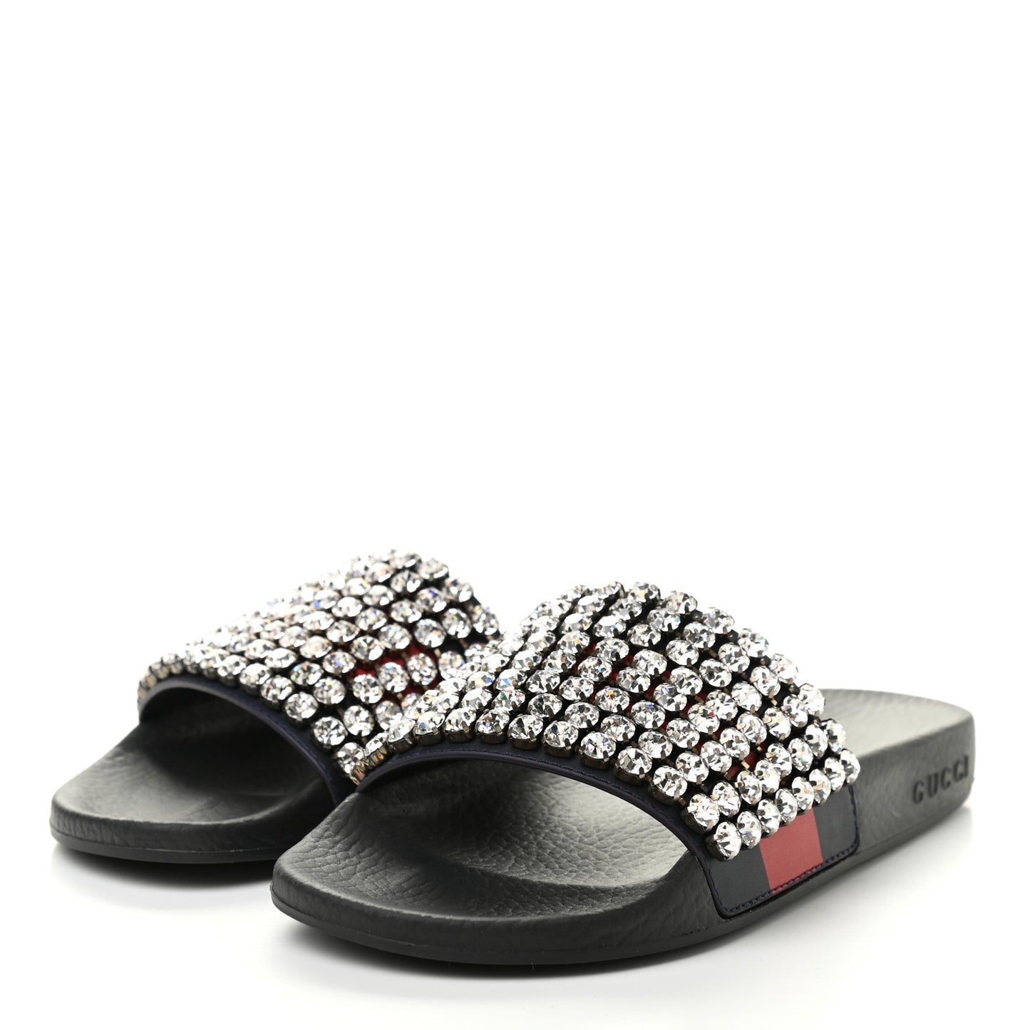 Calfskin Crystal Embellished Web Slide Sandals 37 Blue Red