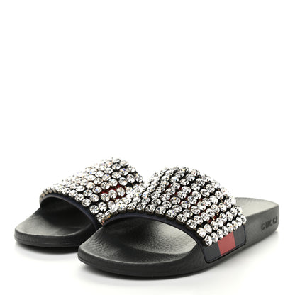 Gucci Calfskin Crystal Embellished Web Slide Sandals 37 Blue Red 3 of 7