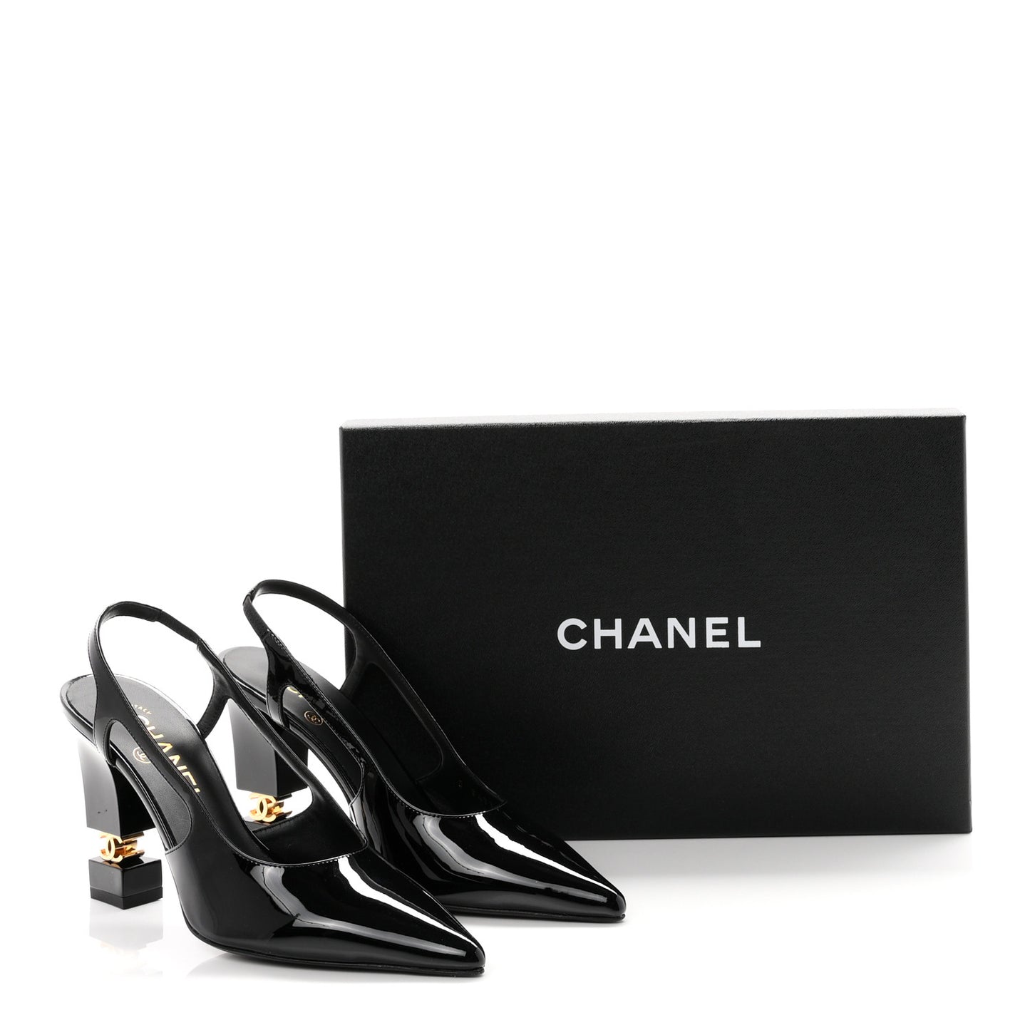Patent Calfskin Slingback CC Cutout Pumps 36 Black