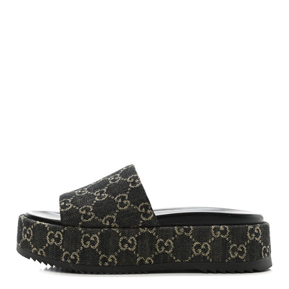 Gucci Jacquard Black Denim GG Monogram Angelina Platform 55mm Slide Sandals 38 Black Ivory 1 of 12