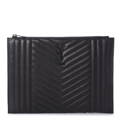 Saint Laurent Calfskin Matelasse Chevron Monogram Pouch Black 1 of 5