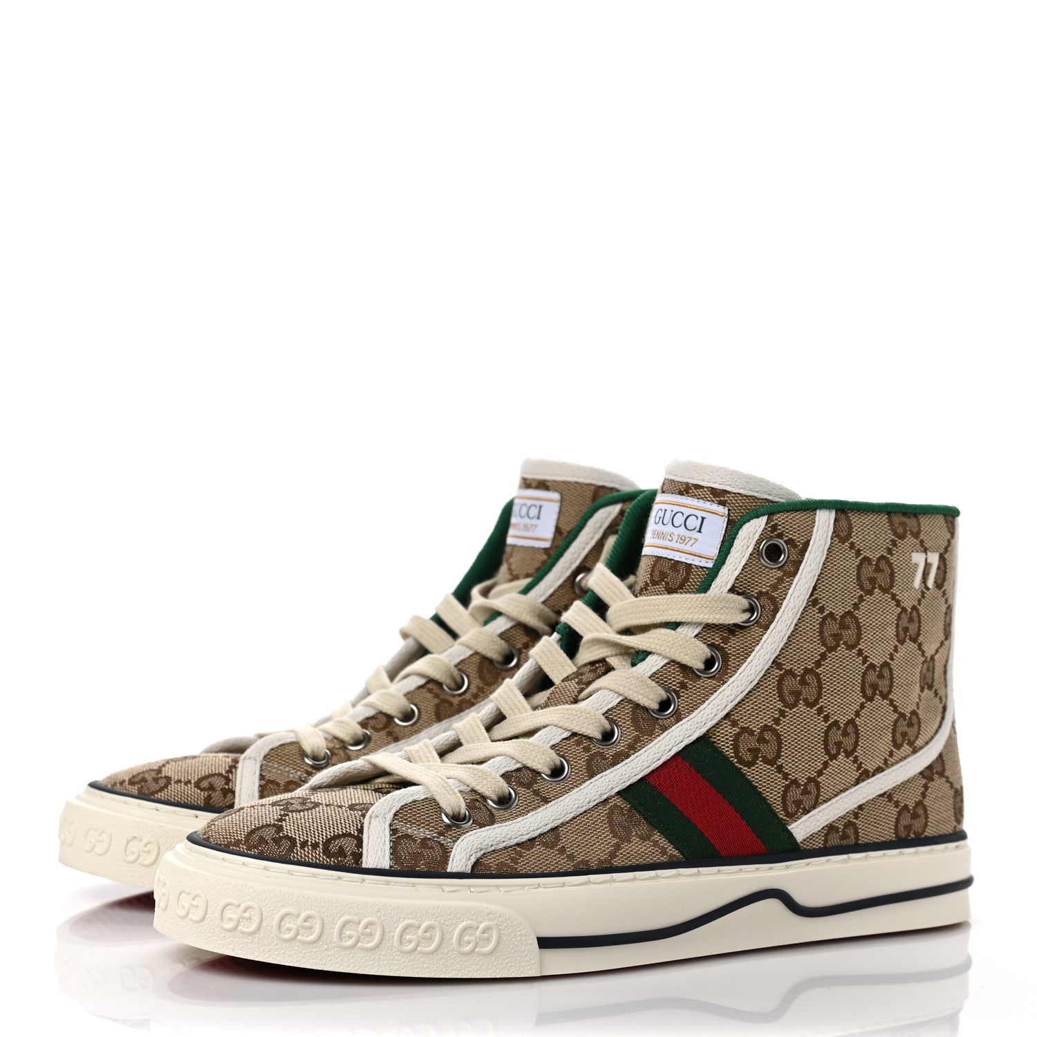 Gucci GG Monogram Web Womens 1977 Tennis High Top Sneakers 39 Beige Ebony Mystic White 3 of 8