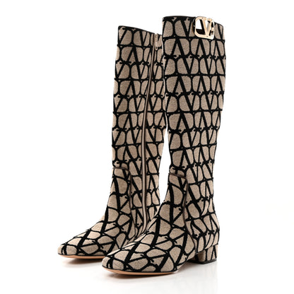 Valentino Garavani Toile Iconographe Calfskin Vlogo Knee High 30mm Boots 37 Naturale Black Fondant 3 of 8