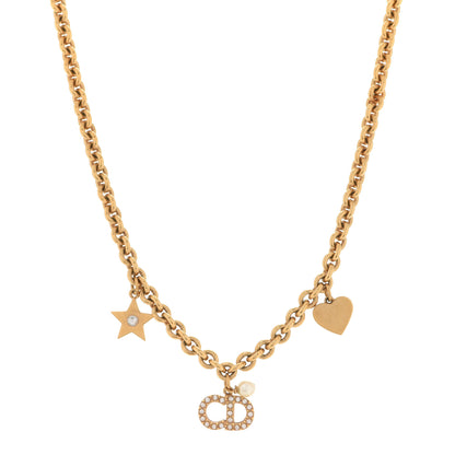 Christian Dior Metal Crystal CD Star Heart Necklace Aged Gold 1 of 8