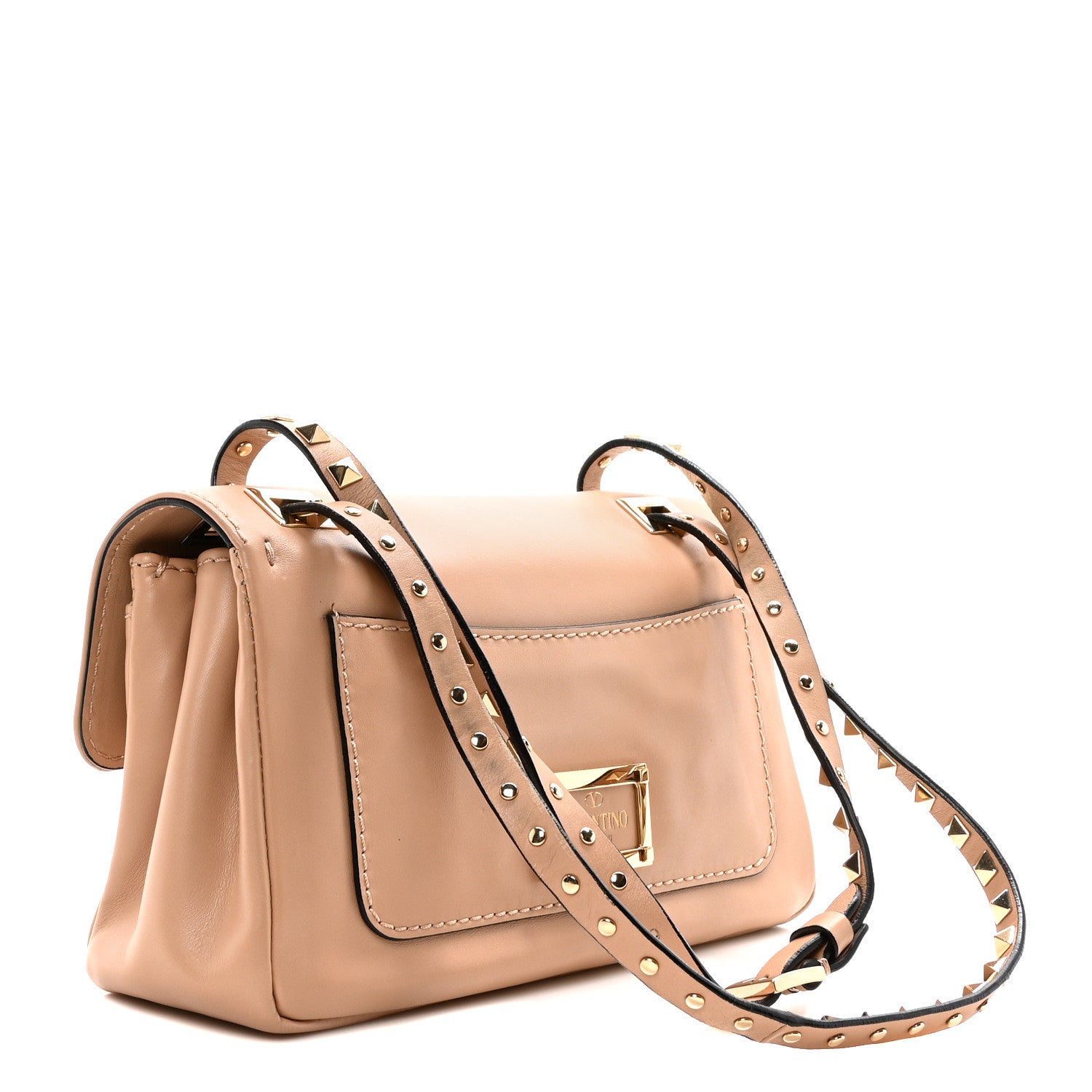 Valentino Garavani Vitello Rockstud Flip Lock Shoulder Flap Bag Beige 3 of 9