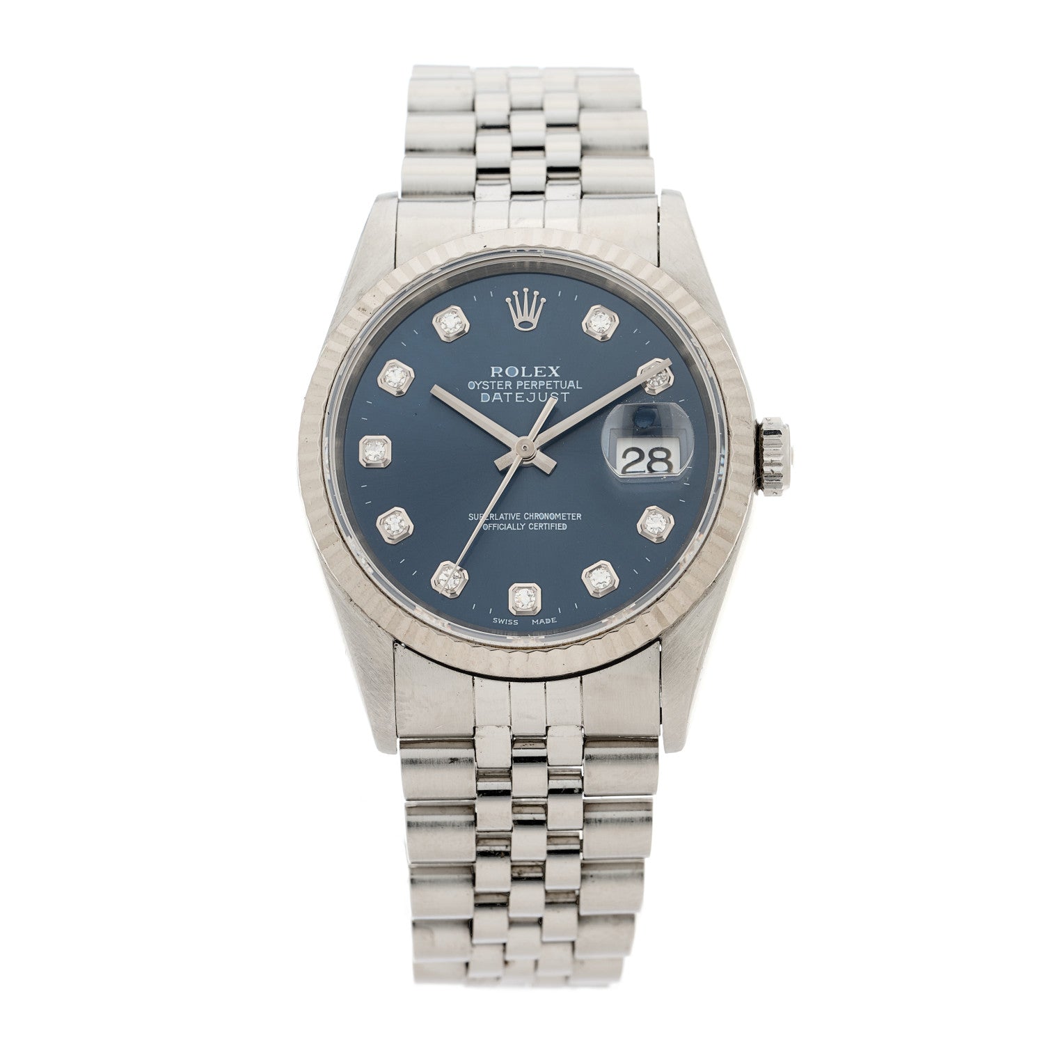 Rolex Stainless Steel 18K White Gold Diamond 36mm Oyster Perpetual Datejust Watch Blue 16234 1 of 5