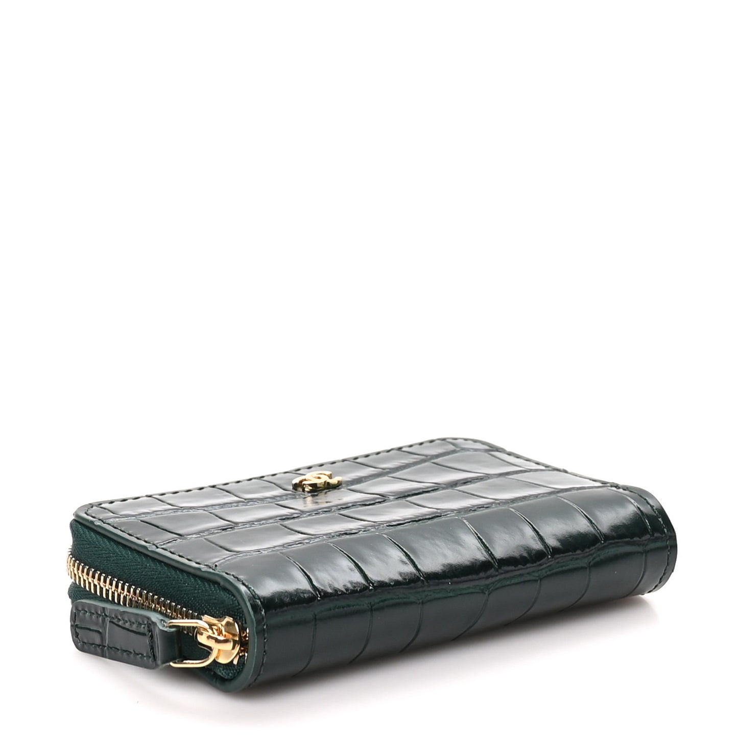 Calfskin Crocodile Embossed Crococo Zip Coin Purse Emerald