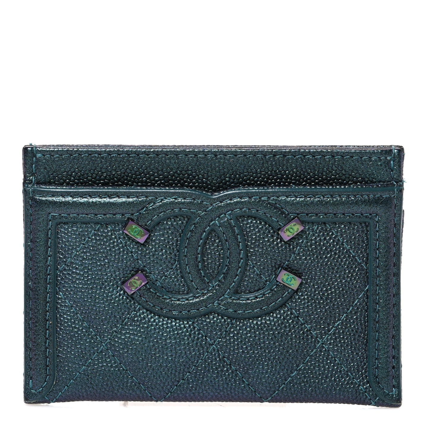 Iridescent Caviar Quilted Filigree Card Holder Dark Turquoise
