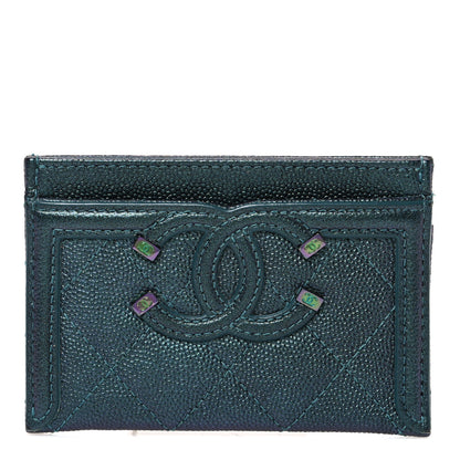 Chanel Iridescent Caviar Quilted Filigree Card Holder Dark Turquoise 1 of 8