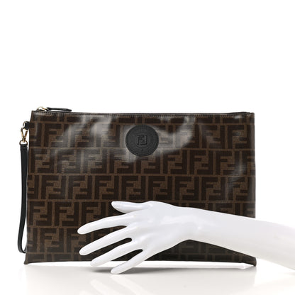 Fendi Glazed Fabric Vitello Century FF 1974 Stamp Patch Large Flat Pouch Mogano Panna Black 2 of 9