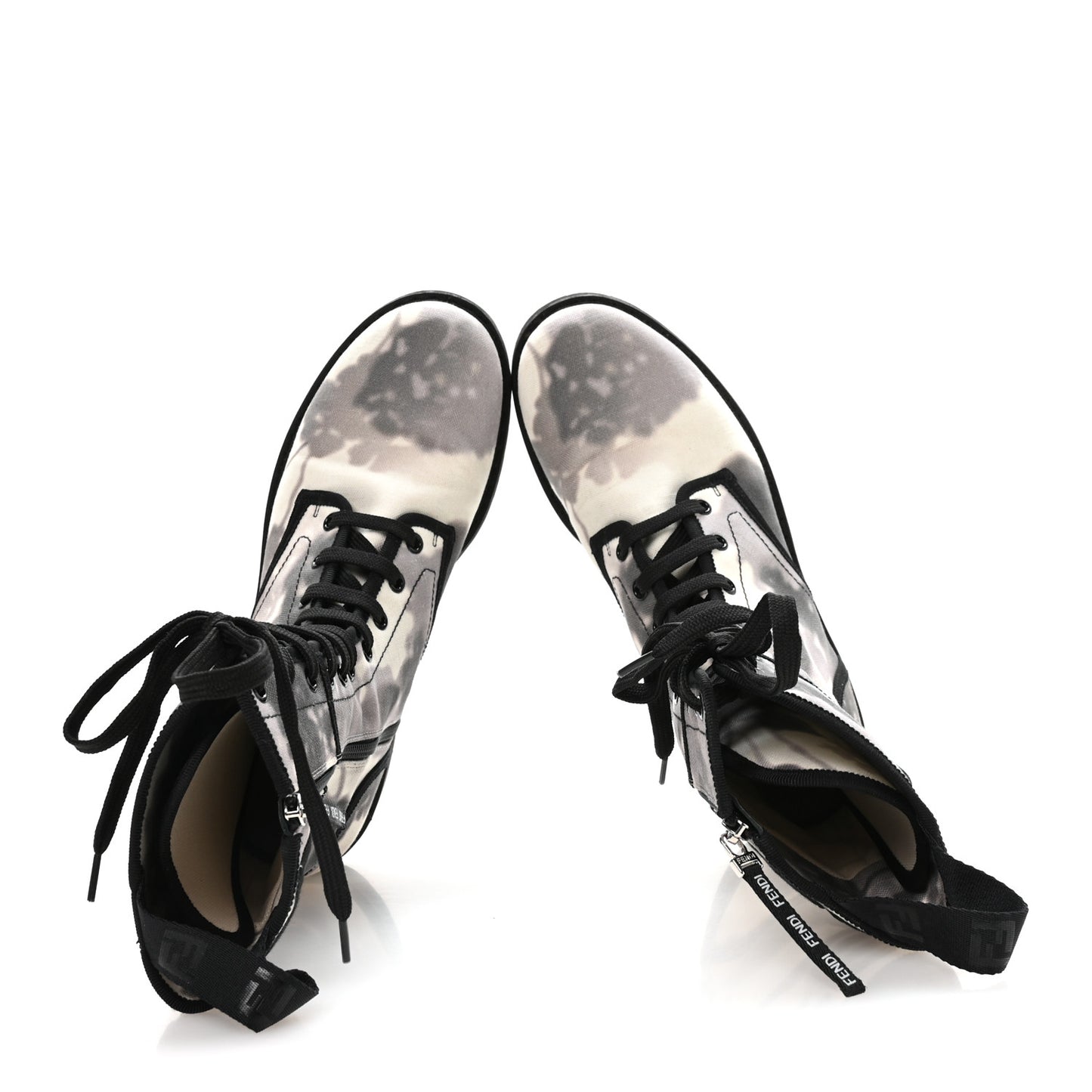 Canvas Floral Print Logo Bi-Color Womens Biker Boots 40 White Black